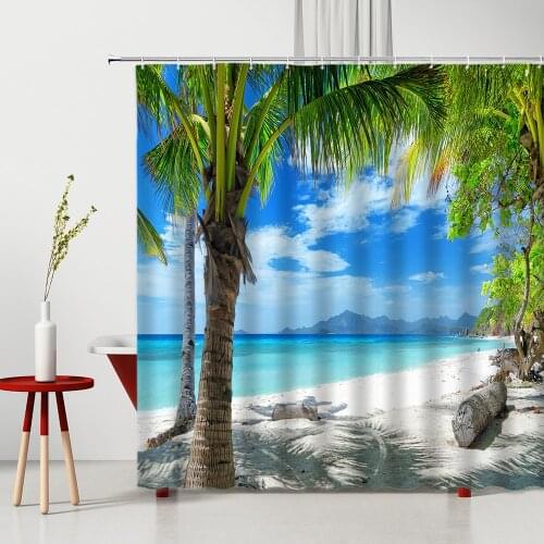 Tropical Scenery Shower Curtain Seaside Palm Tree Ocean Sandy Beach Mountain Window Outside Arch Bridge Bathroom Decor Curtain