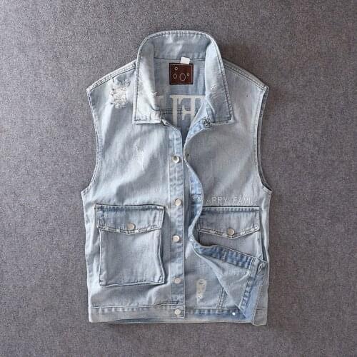 Streetwear Fashion Men Vest Retro Light Blue Loose Fit Multi Pockets Overall Casual Denim Vest Men Coats Hip Hop Angling Jacket