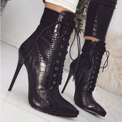 Westrn large womens boots snake pattern front lace up pointed single boots high heel medium boots womens pumps