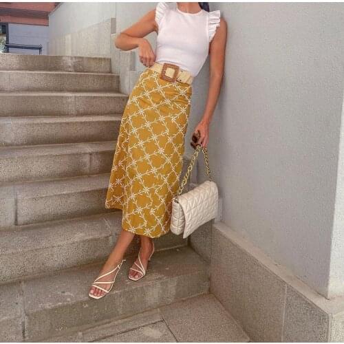 BBWM Embroidery Midi Woman Skirt Summer High Waist Casual Long Skirts Chic Back Hidden Zip Yellow Elegant Skirt