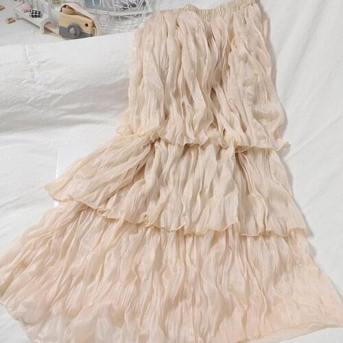 Abrini Casual MIDI A-Line Cake Skirt Pleated Satin Skirt 3 Layers High Waist Women Clothing Mesh Party Skirt Sweet Girl