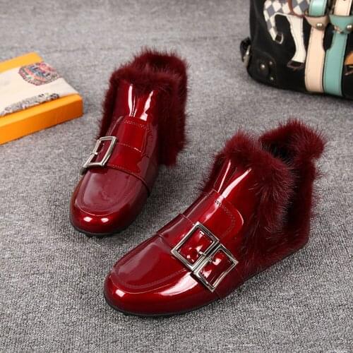 OLOMLB Womens Round Toe Real Mink Fur Ankle Boots Belt Buckle Patent Leather Flats Warm Winter Shoes Shiny Black Red 2020 New