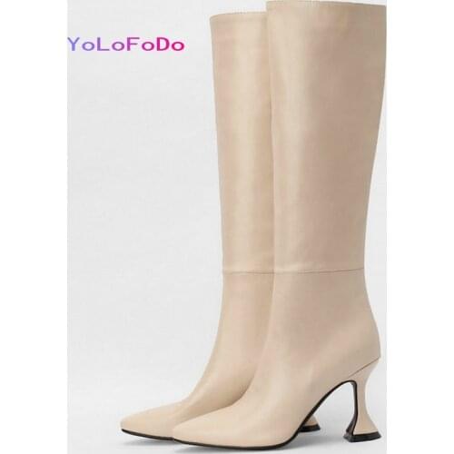 2021 Autumn Winter Women Knee High Boots Faux Leather High Quality Ladies Strange Style Boots Slip on Pointed Toe Womens Boots