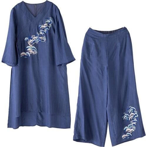 Women 2 pieces set Retro Chinese style embroidery shirt Tops+Wide leg pants Loose Comfortable elegant lady suit female M-XL