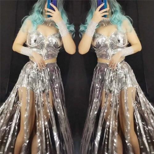 2020 New Women Dress Sexy Silver 2 Pieces set Stage Leotard Costumes Performance Outfits Birthday Celebration Latin Dancer Dress