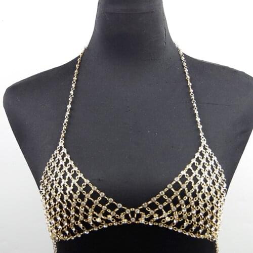 Punk Mesh Piercing Sexy Hollow Body Chain Crystal Bikini Bra Harness V Statement Necklace Women Waist Belly Body Jewelry