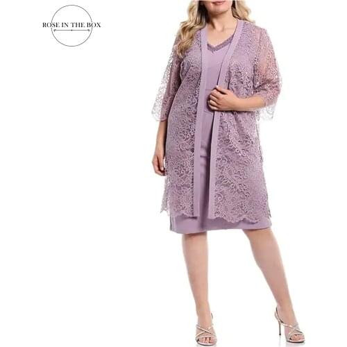 Plus Size Scalloped Lace 3/4 Sleeve Mother of The Bride Dresses With Jacket Mother Short Evening Dresses Vestidos De Madrina