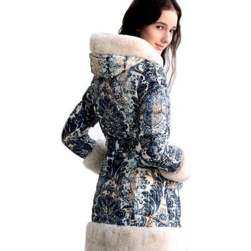 Winter Coat Women Duck Down Jacket Woman Hooded Rex Rabbit Fur Collar Slim Puffer Coat Print Thick Down Jackets N8677 KJ2735