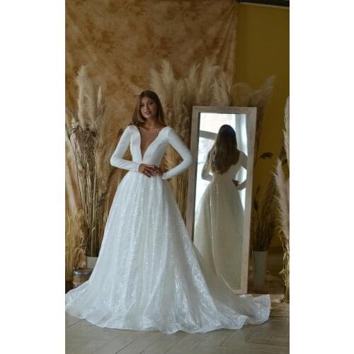 Glitter Tulle A-Line Wedding Dresses Boho Long Sleeves Deep V-Neck Princess Bride Dress Shiny Soft Satin Wedding Party Gowns
