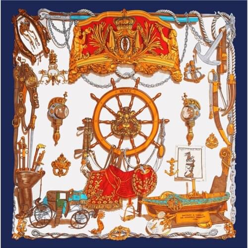 Large 100% Twill Silk Women Scarf 130*130 Euro Pirate Ship Print Stoles Square Scarves Gift Fashion Shawls Wraps Female Foulards