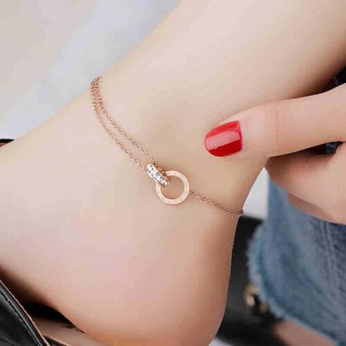 18KGP Titanium Steel Women Anklet Bracelet Double Circle Chain Roman Numerals Letter Foot Bracelet Foot Chain Leg Jewelry