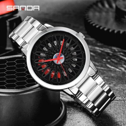 SANDA New Fashion Mens Watch Stainless Steel Car Wheel Dial Top Brand Luxury Waterproof Sports Quartz Mens Relogio Masculino