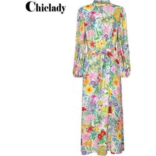CHICLADY floral stand collar single breasted plus size loose maxi dress with belt lantern sleeve party casual women lady clothes