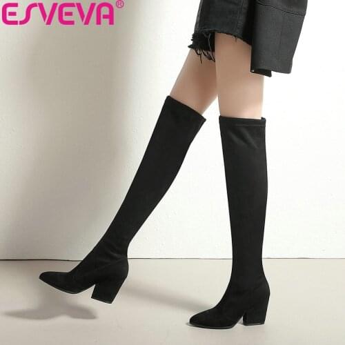 ESVEVA 2020 Women Boots Spring Autumn Over The Knee Boots Stretch Fabrics Sexy Pointed Toe Fashion High Heels Shoes Size 34-43