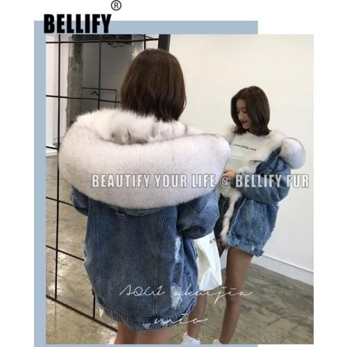 EUropean Brand famous New 2020Christmas gift luxury Real fox fur lined denim parka with big fox fur trim