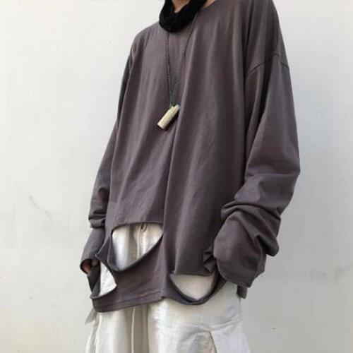 Punk oversized t shirt men ripped hole vintage hip hop long sleeve tshirt women harajuku Korean style tees tops
