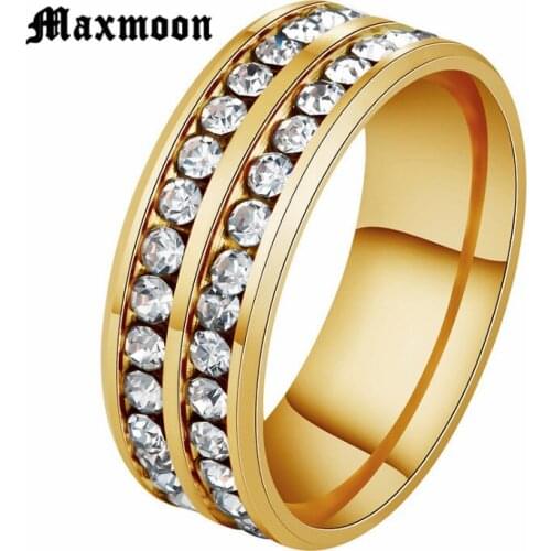 Maxmoon Hot Stone Jewelry Stainless Steel Double Rows Crystal Rings Titanium Gold Rhinestone Wedding Rings for Women Men