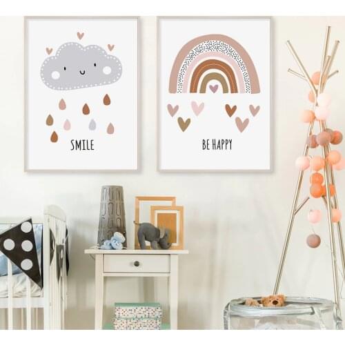 Cartoon Rainbow Cloud Boho Style Nursery Canvas Painting Print and Poster Pictures Wall Art for Kids Room Bedroom Home Decor
