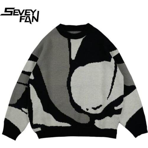 SEVEYFAN Mens Sweater Long Sleeve Loose Mens and Womens Knitted Sweater Stitching Color Top Pullover