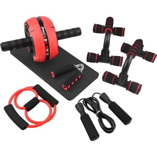 AB Wheel Roller Kit Abdominal Wheel Set with Push-Up Bar Jump Rope Hand Gripper and Knee Pad Home Gym Workout Equipment