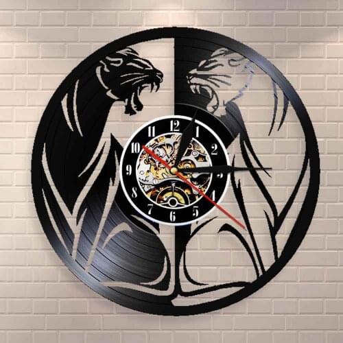 Panther Wall Art Wall Clock Jungle Panther Silhouette African Wildlife Animal Beast Black Animal Totem Vinyl Record Wall Clock