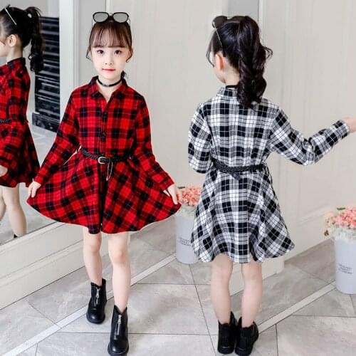 Girls Long Sleeve Shirt Dress Spring Autumn Children Plaid Casual Clothes Fashion School Kids Dresses for Girls 3-12 Years