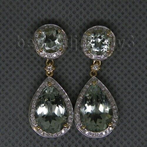 Genuine Green Amethyst Earrings 14Kt Yellow Gold Diamond Amethyst Earrings In Drops ER002