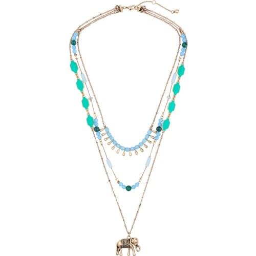 Three Rows Shiny Blue Synthetic Stone Acrylic Enamel Pendant Detachable Chain Necklace New Multi Layer Elephant Necklace