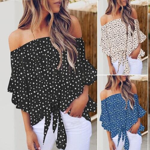 Sexy Slash Neck Off Shoulder Regular T-shirt Women 2021 New Strapless 3 / 4 Sleeve Round Polka Dot Pullover Printed Tops 252344