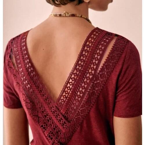 Women Blouse Lace Stiching Hollow Out Backless V-Neck Shirt and Tops 2021 Summer Short Sleeve Sweet Double Wear Shirt
