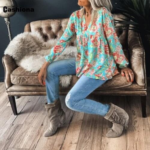 Plus size 3xl Women Elegant Leisure Casual T shirt Lantern Sleeve V-Neck Flower Print Loose Femme Tops Bohemian Sexy Tees Shirt