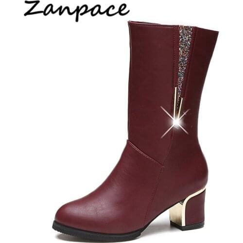 Zanpace 2019 Middle Barrel Round Toes Boots Original Design Side Zipper Women Shoes Heel Sequins Perfect Neutral Boots Women