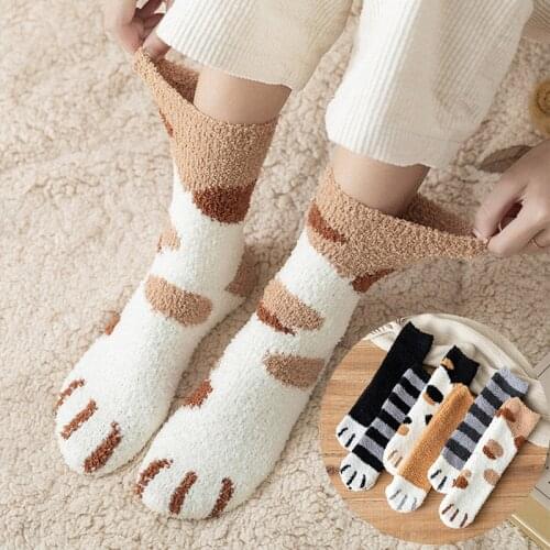 Womens Cats Paw Stripe 3d Socks Coral Fleece Thick Girls Cartoon Animal Fingers Floor Sock Cute Hosiery Toe Zebra/Tiger Foot Sox