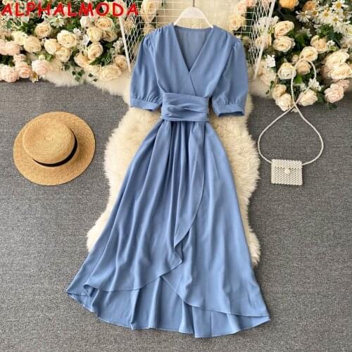 ALPHALMODA V-neck Puff Sleeve Irregular Women Trendy Summer Dress 2021 Beach Holiday Casual Lace-up Mid-calf Dress