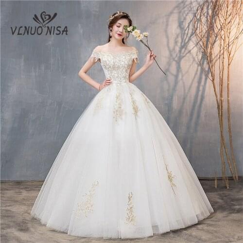 2019 New Lace Wedding Dress Vestidos De Novia Gold Lace Embroidery Tulle Boat Neck Ball Gowns Plus Size Cheap Robe De Mariage 20