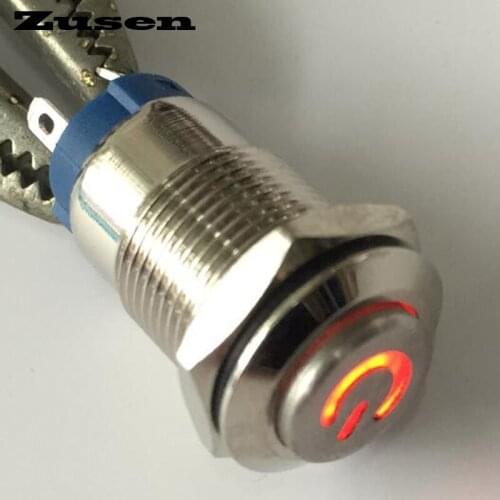 Zusen 12mm latching transparent power symbol led light push button switch (ZS12H-10ZT/R/J/12V/N)