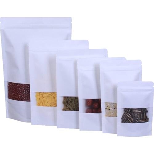 10Pcs Kraft Paper Bags Zip Lock White With Window Stand Up Resealable Grip Ziplock Pouches Tea Coffee Bean Candy Packaging Food