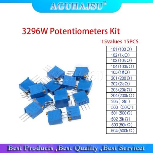 15values 15PCS 3296W Potentiometers Kit 3296W-1-103LF 101 102 103 104 105 201 202 203 204 205 500 501 502 503 504 each 1pcs
