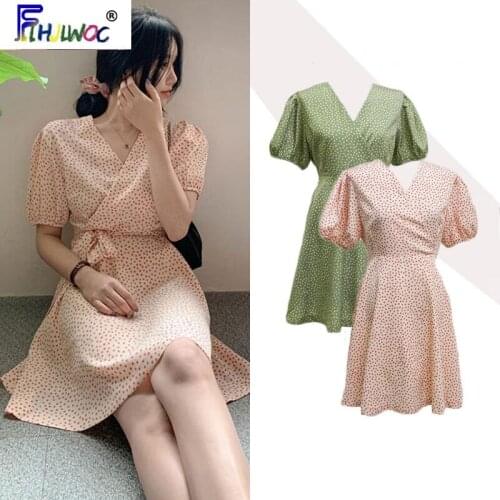 2020 Summer Cute Mini Dresses Japanese Korean Preppy Style Date Girls Flhjlwoc Design Green Pink Bow Tie V Neck Sweet Dress 4309