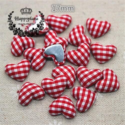 50pcs 17mm Red+White Lattice Fabric Covered Heart Buttons Home Garden Flatback Cabochon Crafts Scrapbooking DIY
