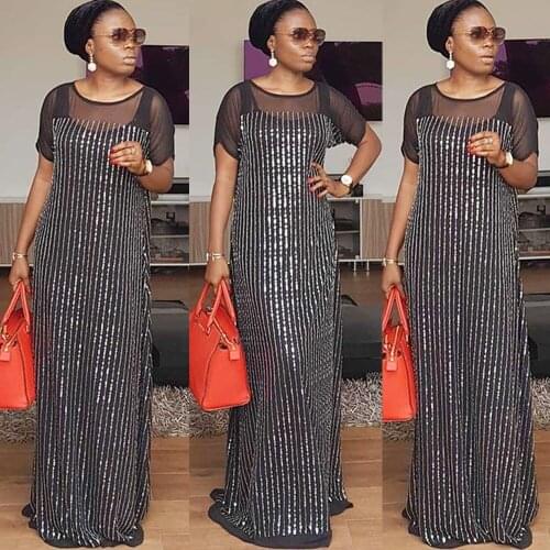 African Women Sequins Dress Shinny Mesh Evening Maxi Dresses Dubai Abaya Moroccan Gown Party Kaftan Dashiki Muslim Clothing Robe