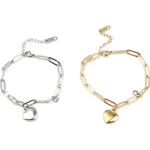 Stainless Steel Bracelets Gold Plated & Silver Color Jewelry Oval Heart Clear Cubic Zirconia 16.5cm(6 4/8") long, 1 Piece