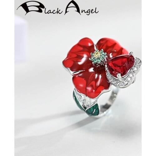 BLACK ANGEL Fashion Handmade Red Enamel Rose Flowers Ring For Women 925 Silver Ruby Gemstone Finger Rings Party Gift Jewelry