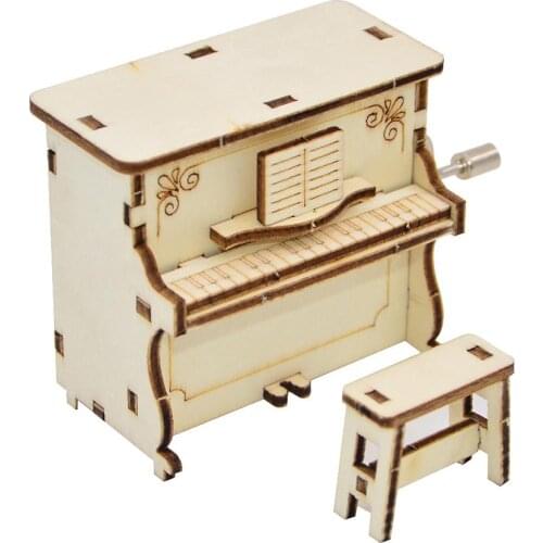 DIY Wooden Piano Shape Music Box Hand Crank Musical Educational Kids Toy Gift