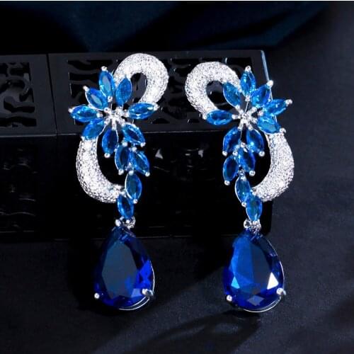 ThreeGraces Elegant Royal Blue Stone Earring Cubic Zirconia Crystal Long Bridal Teardrop Earrings For Wedding Jewelry ER005
