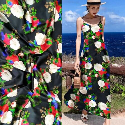 High 19mm Elastic Force 97% Silk Satin Fabric Yellow Flower Prints Silk Clothes For Sexy Summer Dress Shirt Scarf Tissus Felt