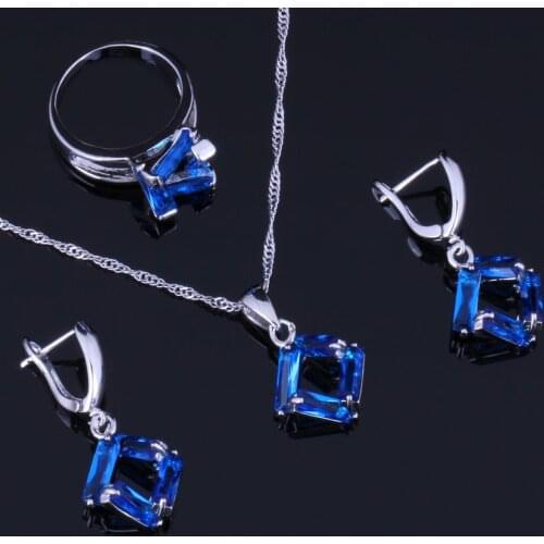 Charismatic Quadrilateral Blue Cubic Zirconia Silver Plated Jewelry Sets Earrings Pendant Chain Ring V0973