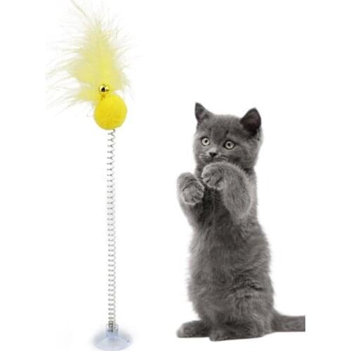 1pc Cat Teaser Suction Cup Spring Toy Faux Feather Cat Toy Cat Teaser Wand With Bell Pet Supplies Random Color