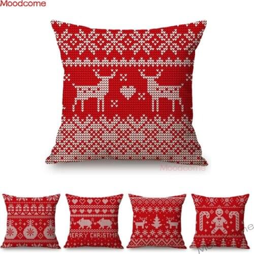 Red Christmas Knitted Sweater Pattern Xmas Cross Stitches Design Home Decorative Pillow Case Cotton Linen Sofa Cushion Cover