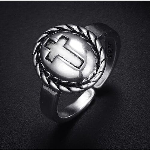 Trendy Vintage Cross Round Antique Silver Plated Punk Hiphop Rock Style Resizable Rings for Women Girl & Man Retro Party Jewelry